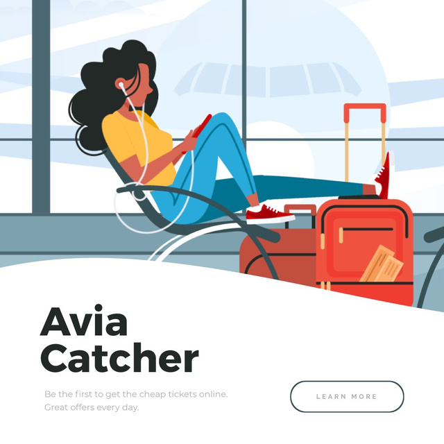 Woman listening to music in Airport Animated Post – шаблон для дизайну