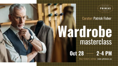 Tailoring Masterclass Man looking at bespoke Suit FB event cover tervezősablon