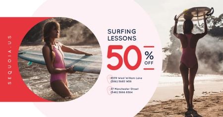 Surfing School Promotion Woman with Board Facebook AD tervezősablon