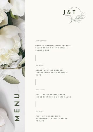 Food Dishes Offer with Tender White Peonies Menu tervezősablon