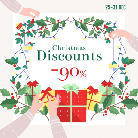 New Year Sale Gifts and Holly Wreath Instagram Design Template