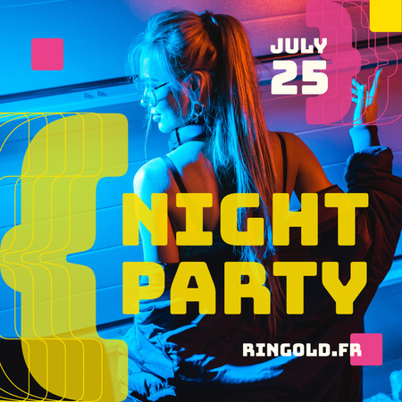 Night Party Invitation Girl in Neon Light Instagram tervezősablon