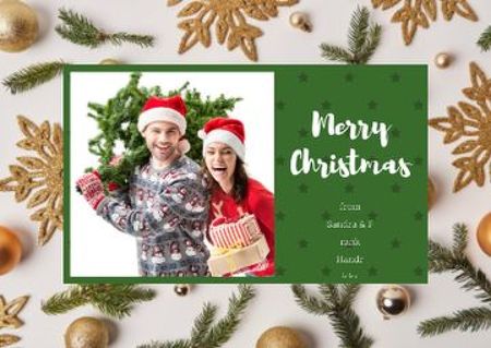 Merry Christmas Greeting with Couple with Fir Tree Postcard Design Template
