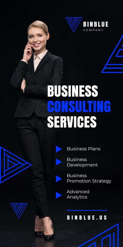Business Consulting Services Ad Woman Talking on Phone Graphicデザインテンプレート