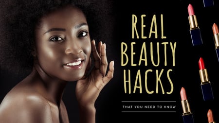 Platilla de diseño Beauty Hacks Smiling Woman with Lipsticks Youtube Thumbnail