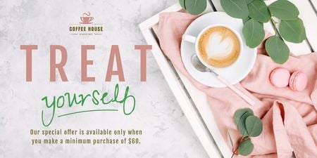 Anúncio de cafeteria com xícara e Macarons rosa Twitter Modelo de Design