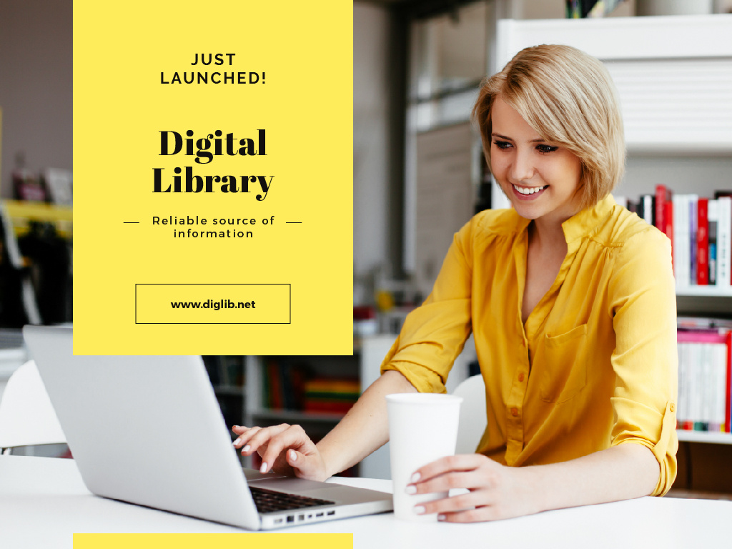 Digital Library with Woman Typing on Laptop Presentation – шаблон для дизайна