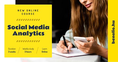 Social Media Course Woman with Notebook and Smartphone Facebook AD Design Template