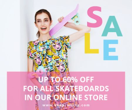 Platilla de diseño Sports Equipment Ad Girl with Bright Skateboard Medium Rectangle