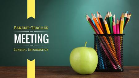 School Meeting Announcement with Colorful Pencils and Apple Youtube Design Template
