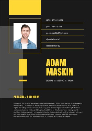 Marketing Manager professional profile Resumeデザインテンプレート