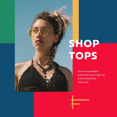 Fashion Tops sale ad with Girl in sunglasses Animated Post Modelo de Design