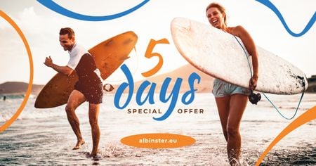 Platilla de diseño Special Offer Surfers at the Beach with Boards Facebook AD