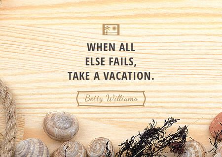Travel inspiration with Shells on wooden background Postcard Design Template