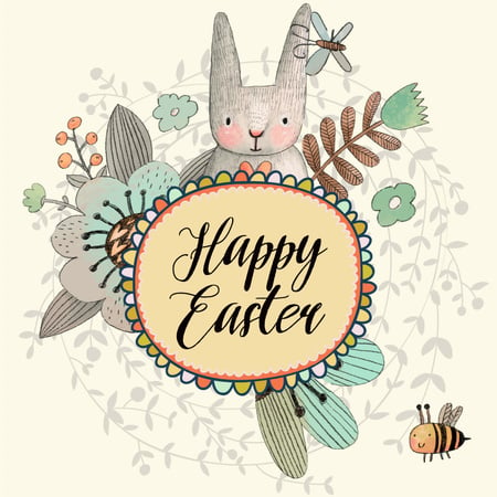 Cartoon Easter bunny with flowers Animated Post tervezősablon