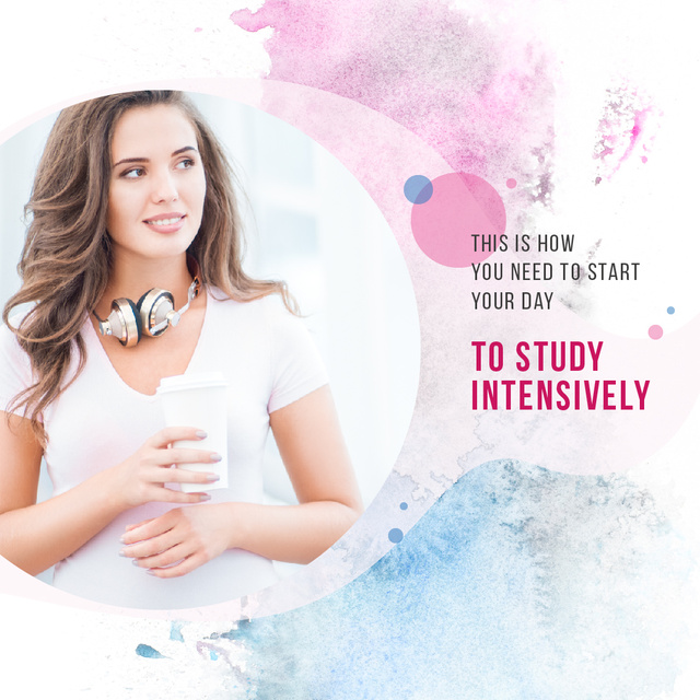 Education Quote Girl with Headphones holding Coffee Instagram AD Design Template