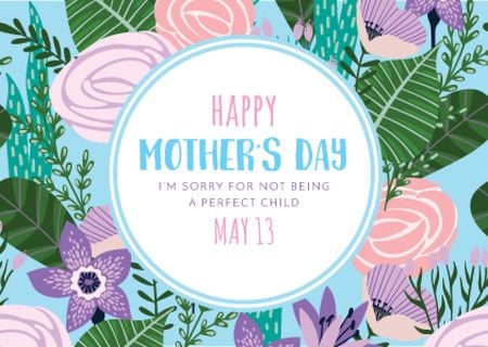 Happy Mother's Day Greeting on Bright Flowers Postcard Design Template