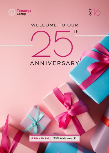 Anniversary Celebration Announcement with Gift Boxes in Pink Invitation Design Template
