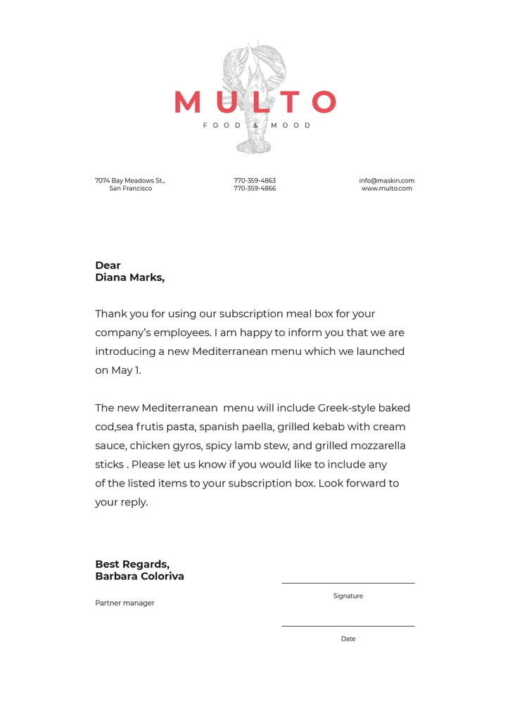 Catering company new Menu announcement Letterhead Design Template