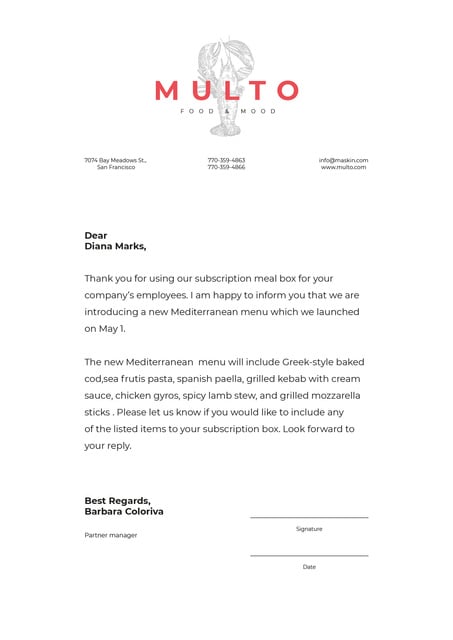 Catering company new Menu announcement Letterhead Design Template