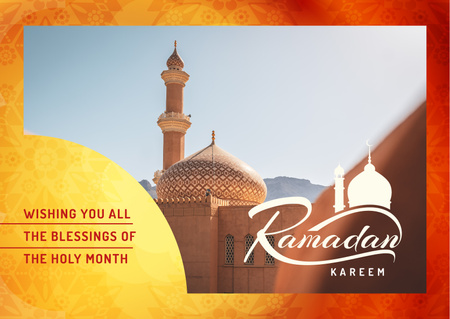Ramadan Kareem Wishes with Muslim Mosque Building Postcard Design Template