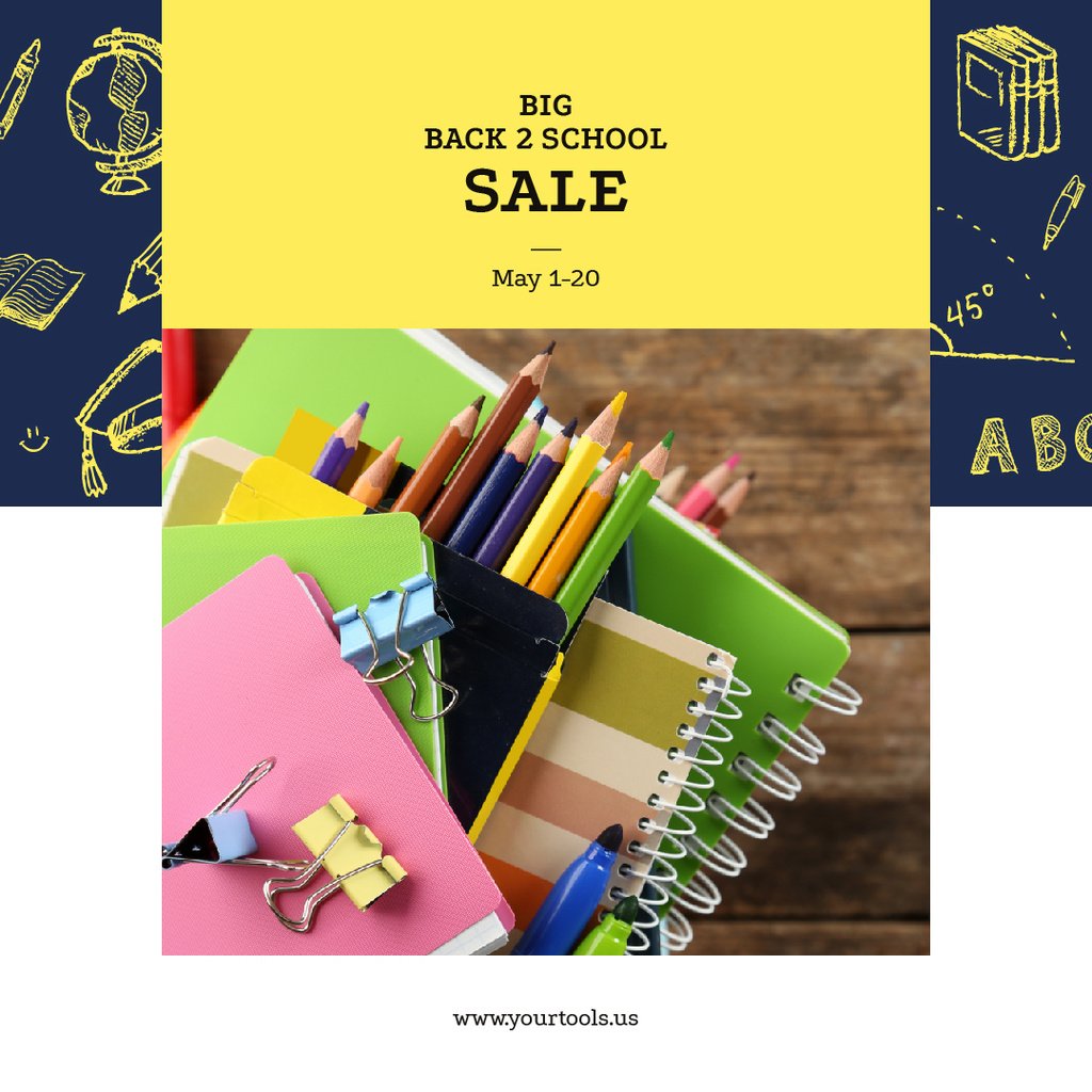 Back to School Sale Colorful School Supplies Instagram AD – шаблон для дизайну