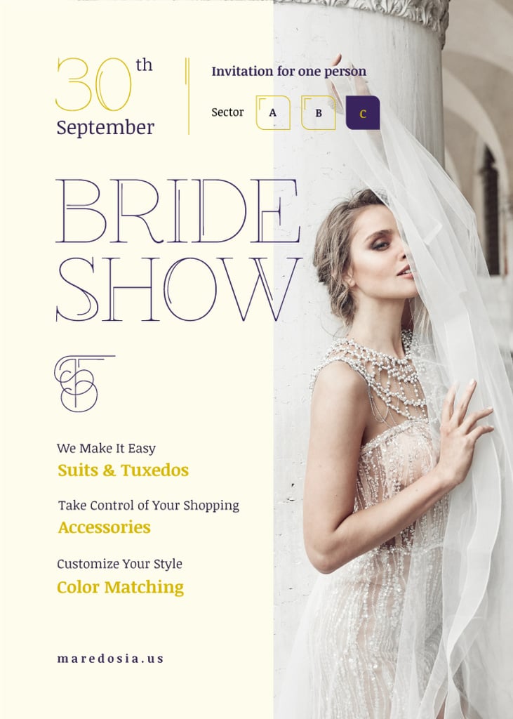 Wedding Fashion Show Invitation Bride in White Dress Invitation Design Template