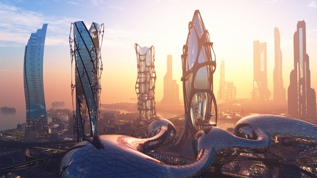 Designvorlage View of Futuristic City Buildings on a Horizon für Zoom Background
