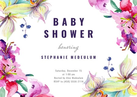 Baby Shower Invitation Watercolor Flowers Frame Card Design Template
