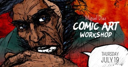 Comic Con workshop with Character picture Facebook AD Design Template