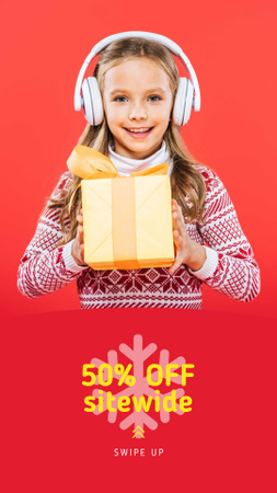 Christmas Offer Girl in Headphones with Gift Instagram Story tervezősablon
