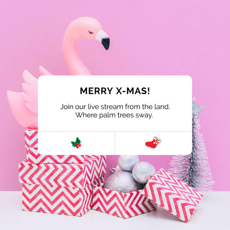 Plantilla de diseño de saludo navideño con flamingo en caja actual Instagram 