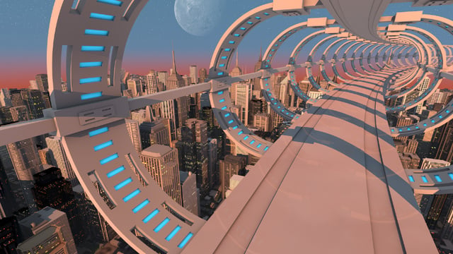View of Futuristic City Bridge Zoom Background Modelo de Design