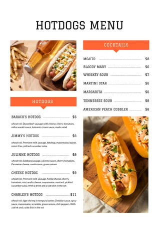 Designvorlage Delicious Hotdogs variety für Menu