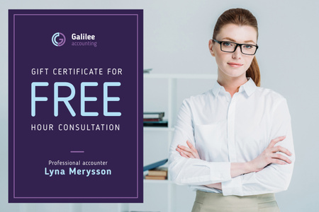 Business Consultation Offer with Confident Woman in Glasses Gift Certificate Design Template