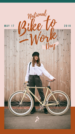 Bike to Work Day Girl with bicycle in city Instagram Story Šablona návrhu
