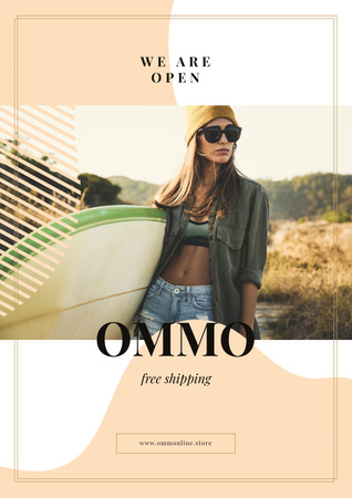 Template di design Woman with surfboard at the beach Poster