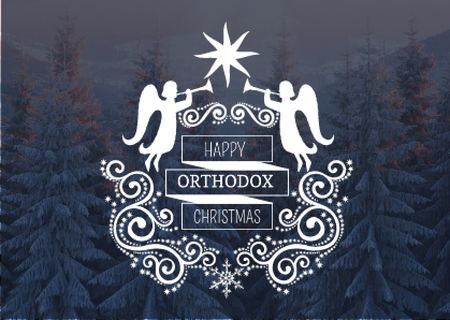 Happy Orthodox Christmas with Angels over Snowy Trees Postcardデザインテンプレート