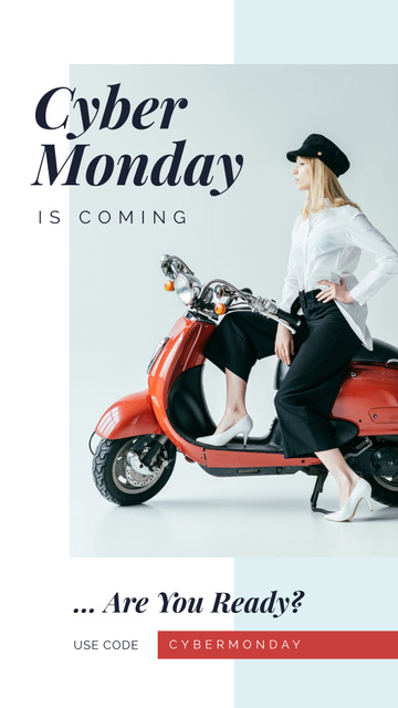Ontwerpsjabloon van Instagram Story van Cyber Monday Sale Stylish girl on retro scooter