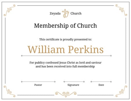 Church Membership confirmation in golden Certificate Design Template