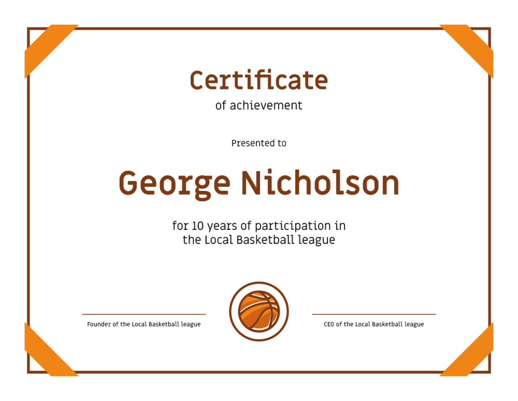 Basketball League participation anniversary Achievement Certificateデザインテンプレート