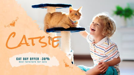 Cat Day Offer Child Playing with Red Cat Full HD video Modelo de Design