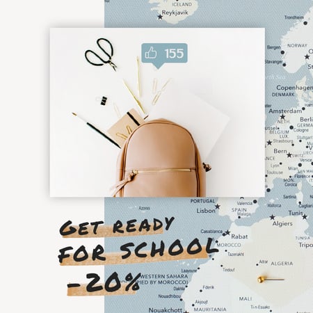 Back to School Sale Stationery in Backpack over Map Animated Postデザインテンプレート