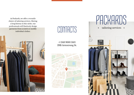 Platilla de diseño Tailoring Services Offer with Clothes on hangers Brochure