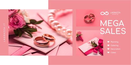 Wedding Store Promotion with Rings and Envelope in Pink Twitter Design Template