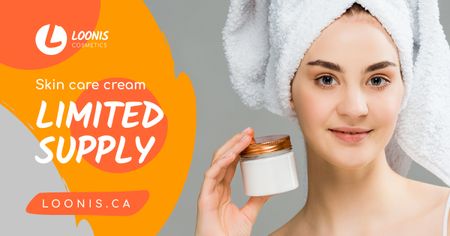 Cosmetics Sale Woman Holding Cream Facebook AD Modelo de Design