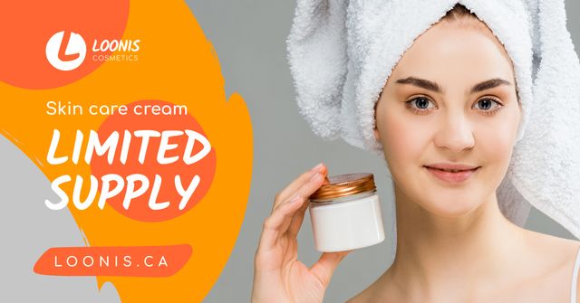 Szablon projektu Cosmetics Sale Woman Holding Cream Facebook AD