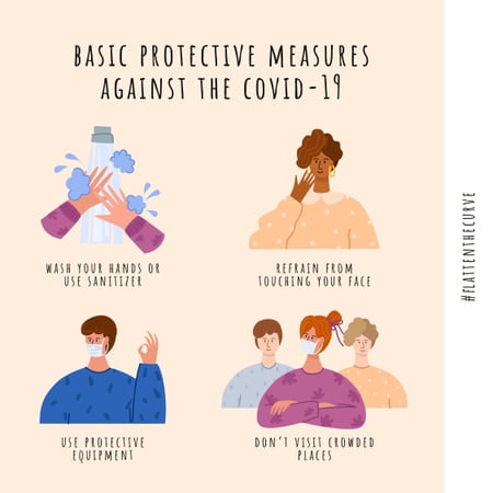 Plantilla de diseño de #FlattenTheCurve of Coronavirus with Protective measures instruction Instagram 