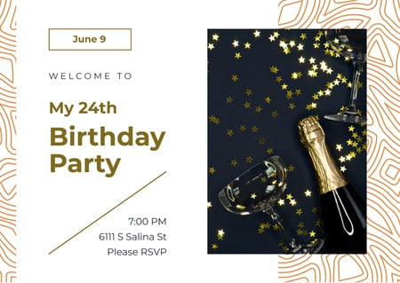 Birthday Party Invitation Confetti and Champagne Bottle Card Design Template