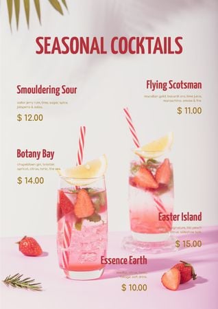 Seasonal Summer Cocktail with Strawberries Menu Šablona návrhu